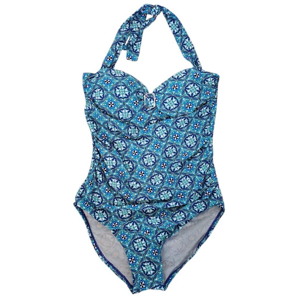 Spanx Love Your Assets Medallion Geo Turquoise Slimming One Piece Swimsuit L